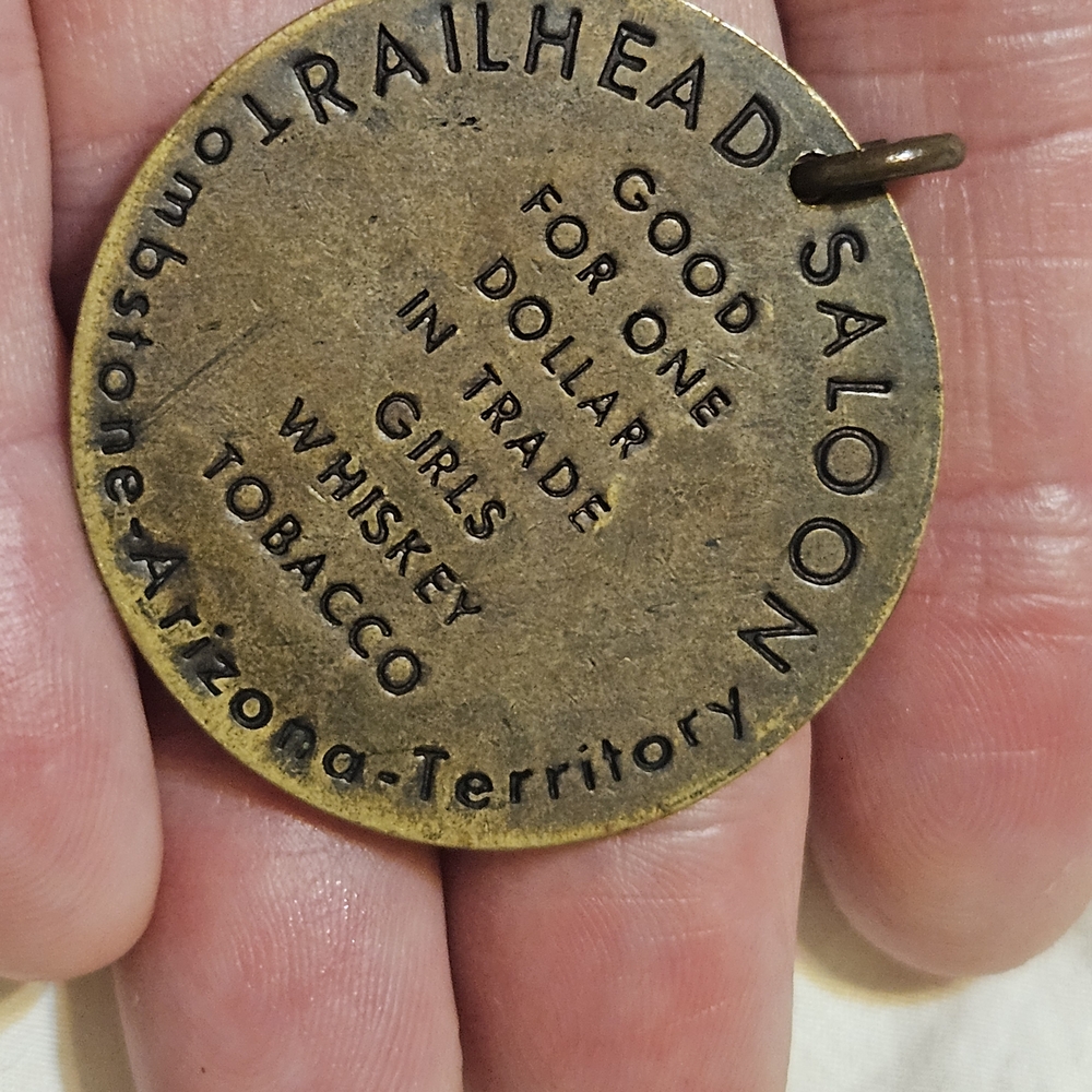 Vintage Midcentury AZ Brass pendant....2 sided RAILHEAD SALOON circular Arizona